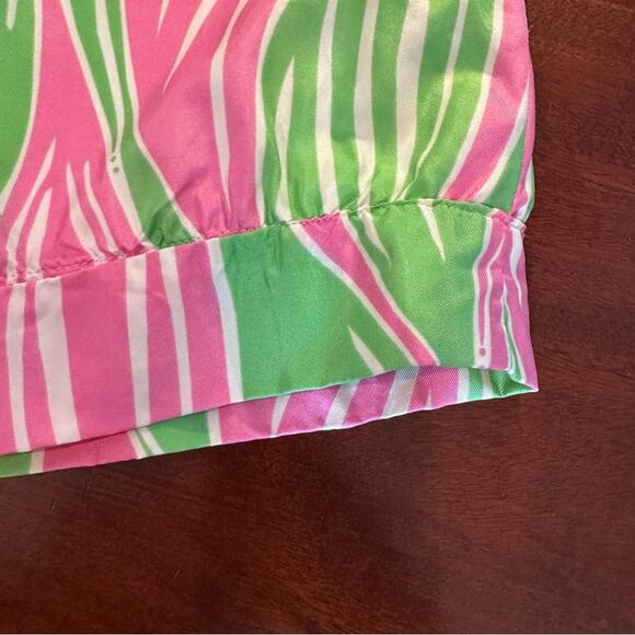 Lilly Pulitzer Silk Mini Dress Size 4 Pink Green Leaf Print Tie Short Sleeve - Picture 13 of 14